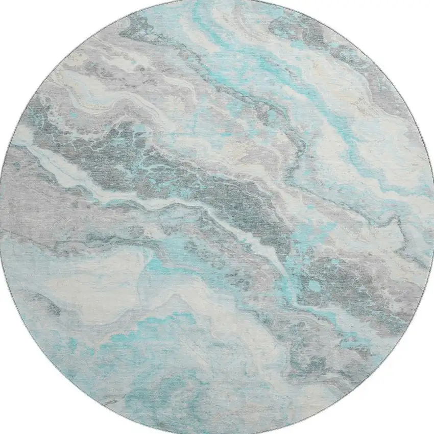 8' Teal Gray And Silver Abstract Washable Round Rug With UV Protection Photo 2