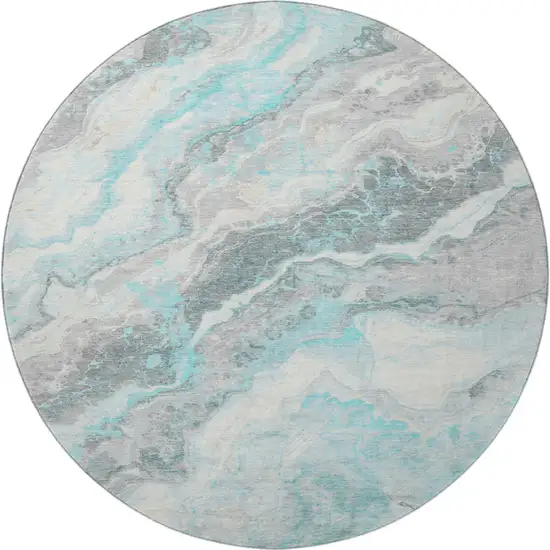 8' Teal Gray And Silver Abstract Washable Round Rug With UV Protection Photo 3