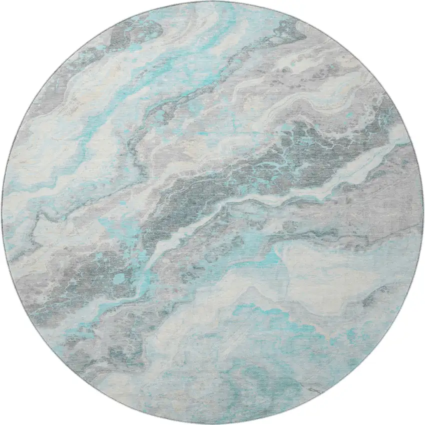 8' Teal Gray And Silver Abstract Washable Round Rug With UV Protection Photo 3