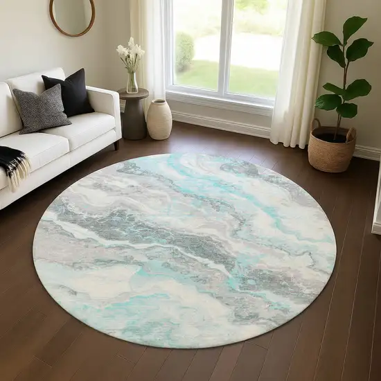 8' Teal Gray And Silver Abstract Washable Round Rug With UV Protection Photo 4