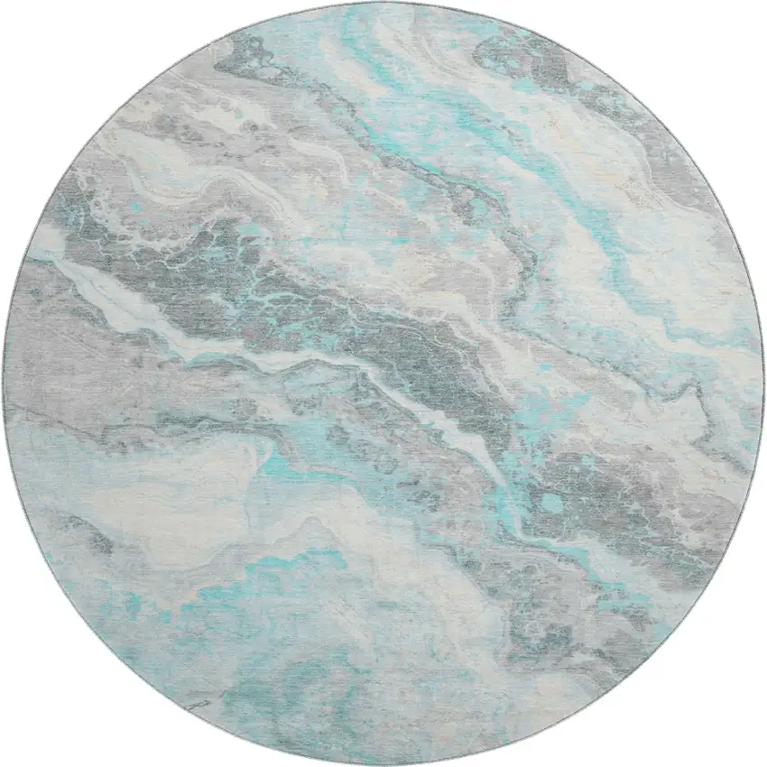 8' Teal Gray And Silver Abstract Washable Round Rug With UV Protection Photo 1