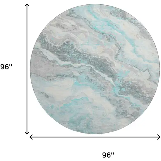 8' Teal Gray And Silver Abstract Washable Round Rug With UV Protection Photo 9