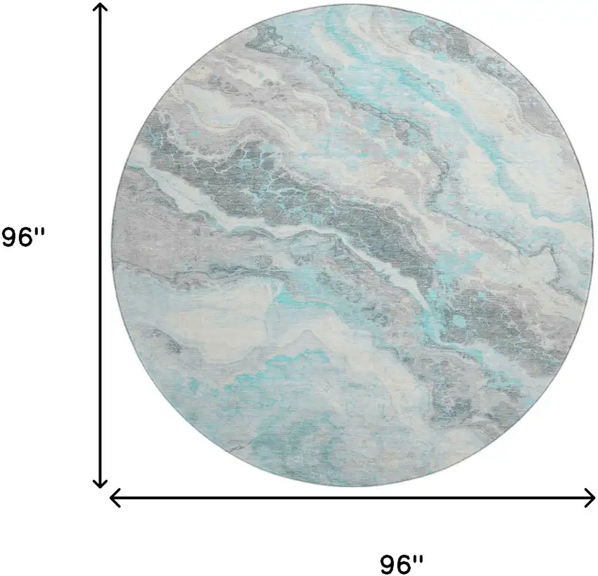 8' Teal Gray And Silver Abstract Washable Round Rug With UV Protection Photo 9