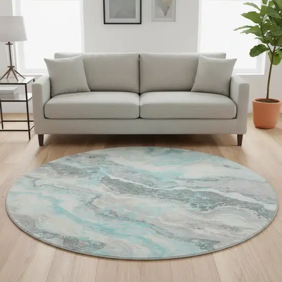 8' Teal Gray And Silver Abstract Washable Round Rug With UV Protection Photo 2