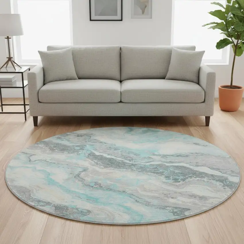 8' Teal Gray And Silver Abstract Washable Round Rug With UV Protection Photo 2