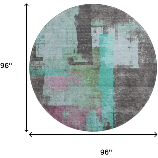 8' Teal Gray And Silver Abstract Washable Round Rug With UV Protection Photo 9