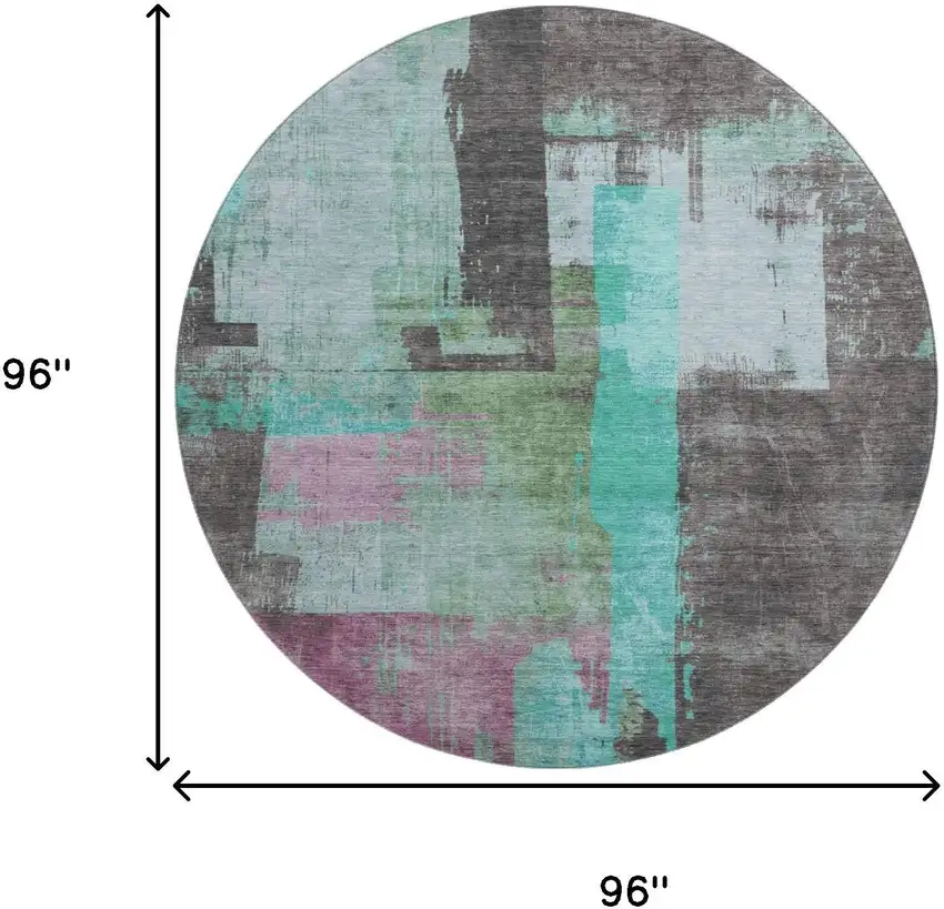 8' Teal Gray And Silver Abstract Washable Round Rug With UV Protection Photo 9