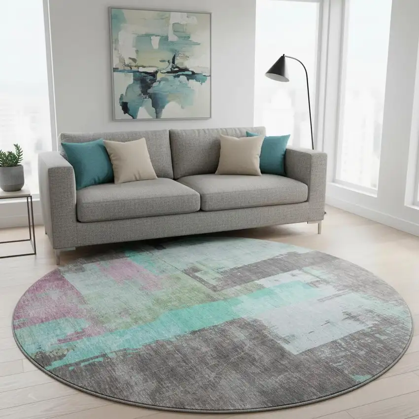 8' Teal Gray And Silver Abstract Washable Round Rug With UV Protection Photo 2