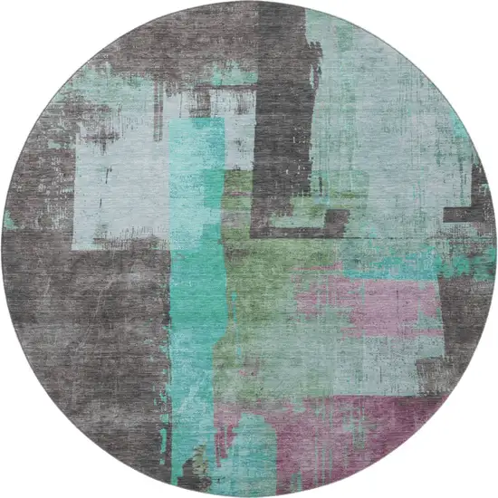 8' Teal Gray And Silver Abstract Washable Round Rug With UV Protection Photo 3
