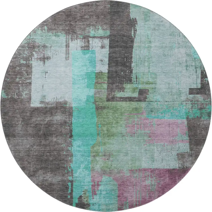 8' Teal Gray And Silver Abstract Washable Round Rug With UV Protection Photo 3