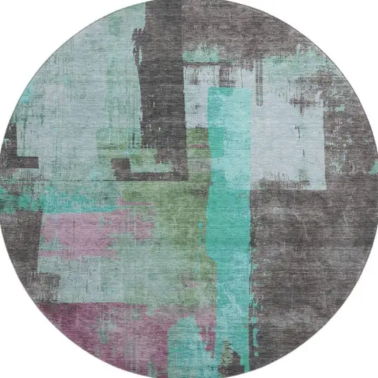 8' Teal Gray And Silver Abstract Washable Round Rug With UV Protection Photo 2