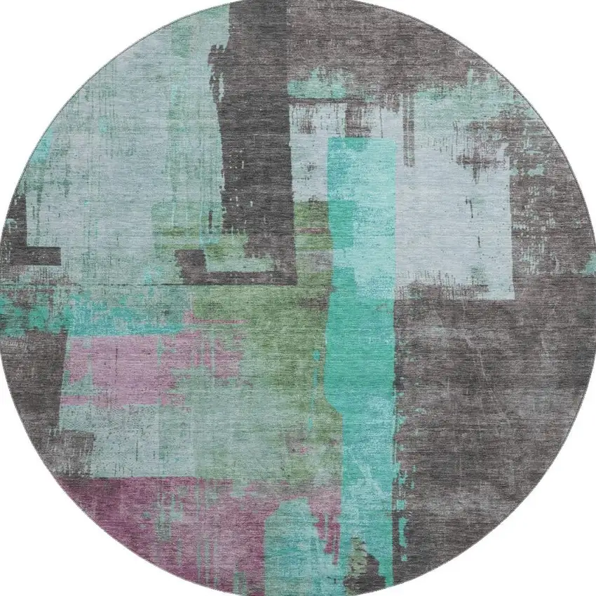 8' Teal Gray And Silver Abstract Washable Round Rug With UV Protection Photo 2