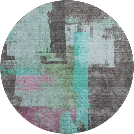 8' Teal Gray And Silver Abstract Washable Round Rug With UV Protection Photo 1