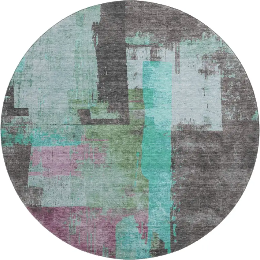 8' Teal Gray And Silver Abstract Washable Round Rug With UV Protection Photo 1