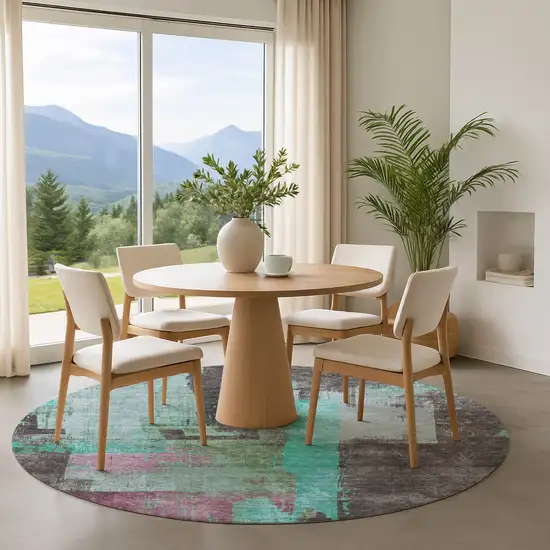 8' Teal Gray And Silver Abstract Washable Round Rug With UV Protection Photo 4