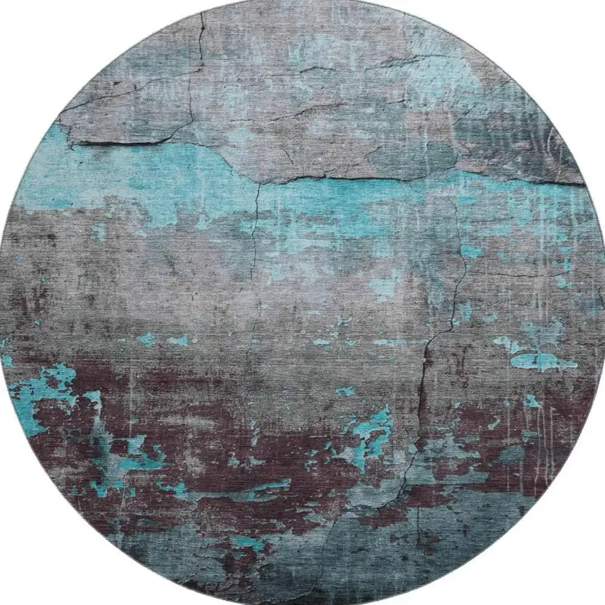 8' Teal Gray And Silver Abstract Washable Round Rug With UV Protection Photo 3