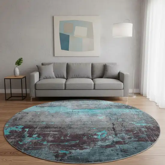8' Teal Gray And Silver Abstract Washable Round Rug With UV Protection Photo 2