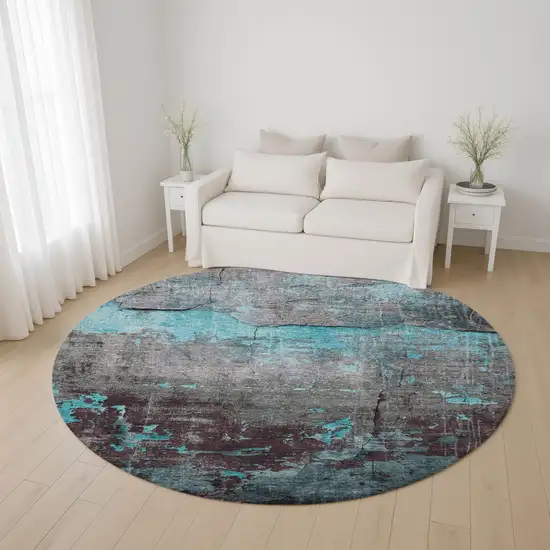 8' Teal Gray And Silver Abstract Washable Round Rug With UV Protection Photo 5