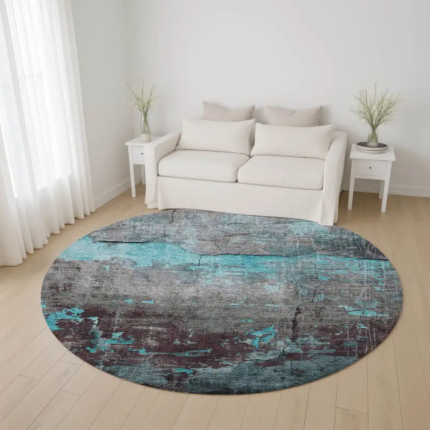8' Teal Gray And Silver Abstract Washable Round Rug With UV Protection Photo 5