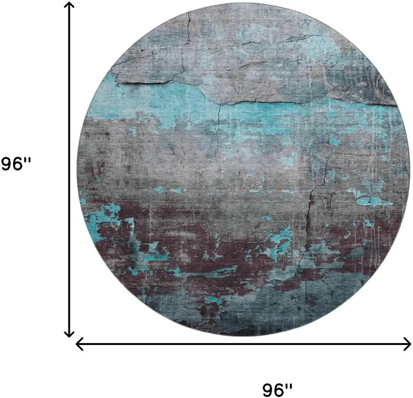 8' Teal Gray And Silver Abstract Washable Round Rug With UV Protection Photo 9