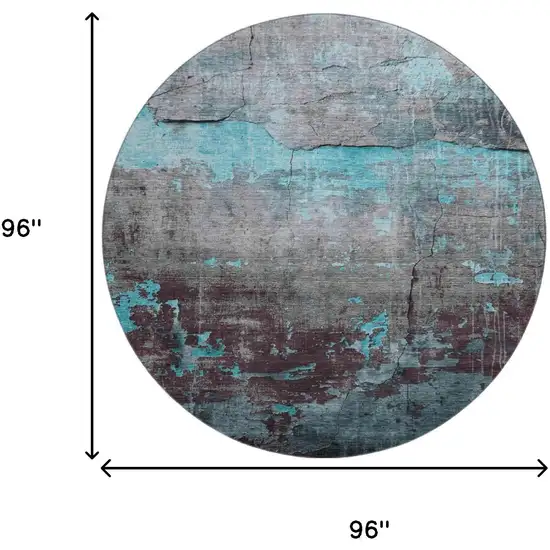 8' Teal Gray And Silver Abstract Washable Round Rug With UV Protection Photo 9