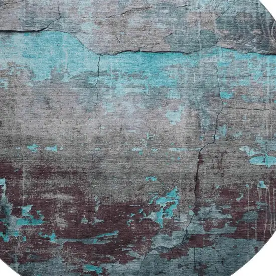 8' Teal Gray And Silver Abstract Washable Round Rug With UV Protection Photo 2