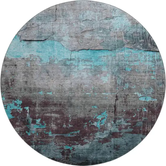 8' Teal Gray And Silver Abstract Washable Round Rug With UV Protection Photo 1