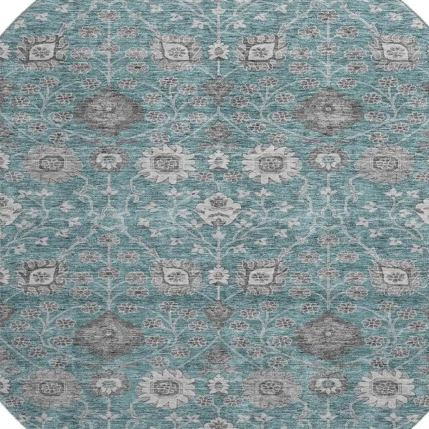 8' Teal Gray And Silver Floral Washable Round Rug With UV Protection Photo 2