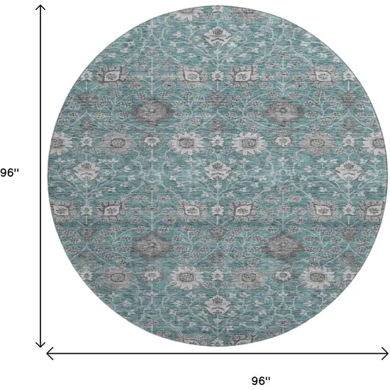 8' Teal Gray And Silver Floral Washable Round Rug With UV Protection Photo 9