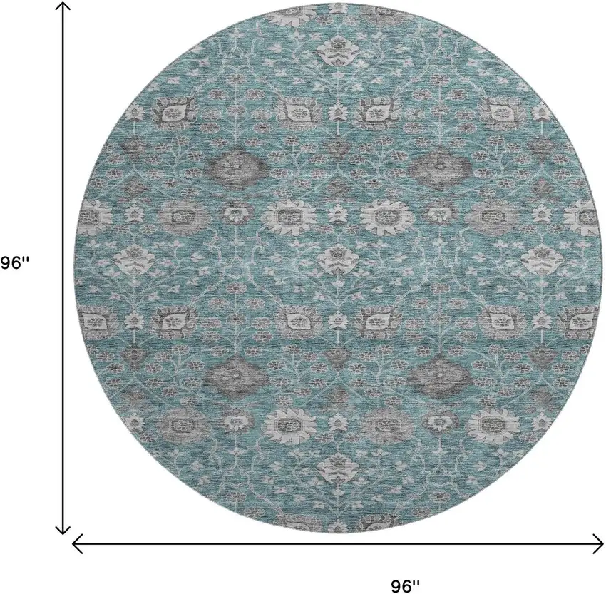 8' Teal Gray And Silver Floral Washable Round Rug With UV Protection Photo 9