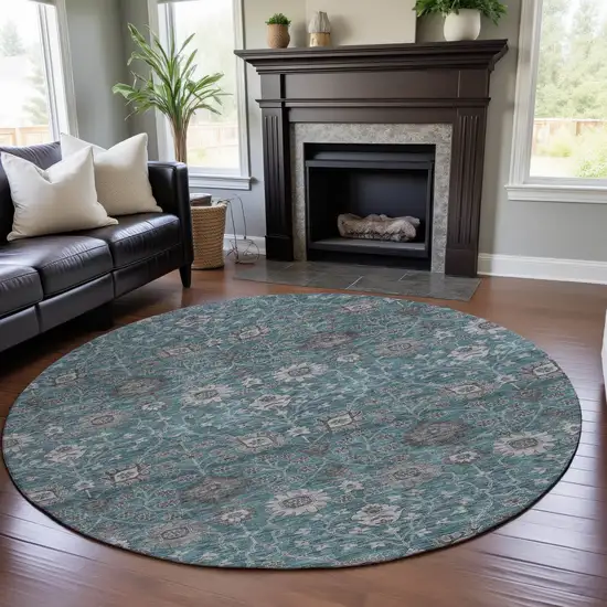 8' Teal Gray And Silver Floral Washable Round Rug With UV Protection Photo 4