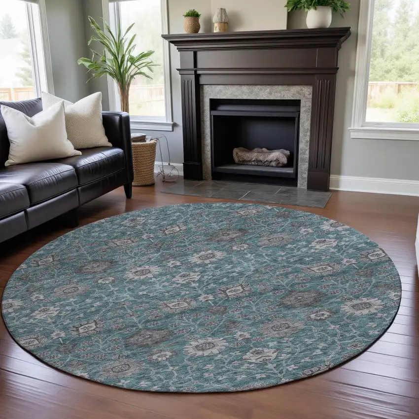 8' Teal Gray And Silver Floral Washable Round Rug With UV Protection Photo 4