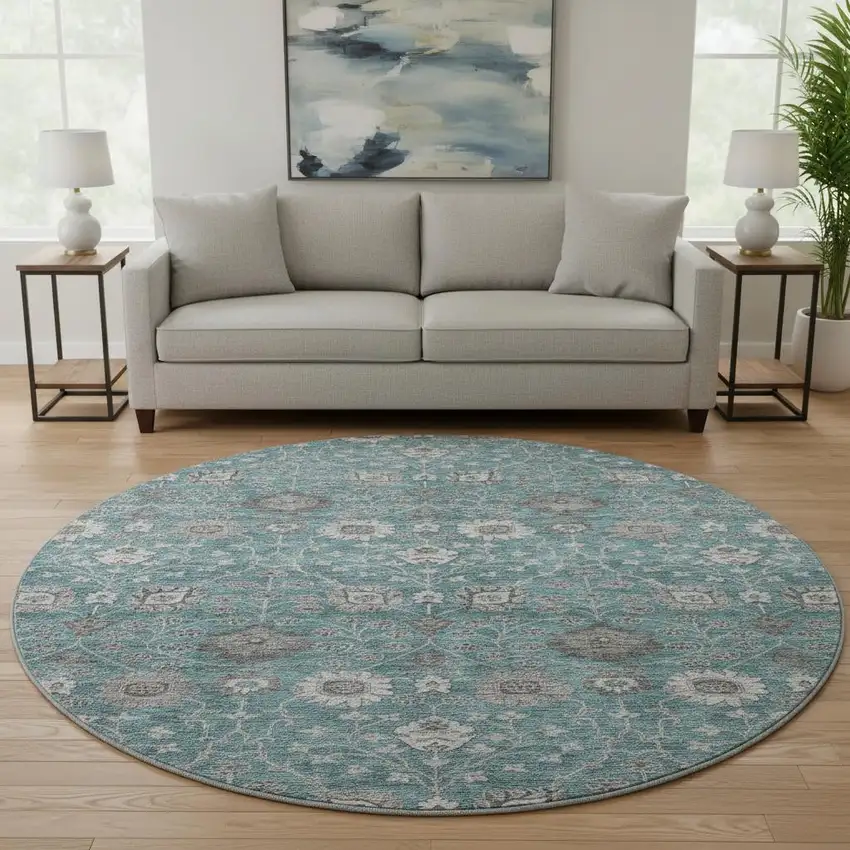 8' Teal Gray And Silver Floral Washable Round Rug With UV Protection Photo 2