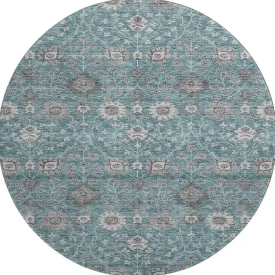 8' Teal Gray And Silver Floral Washable Round Rug With UV Protection Photo 3