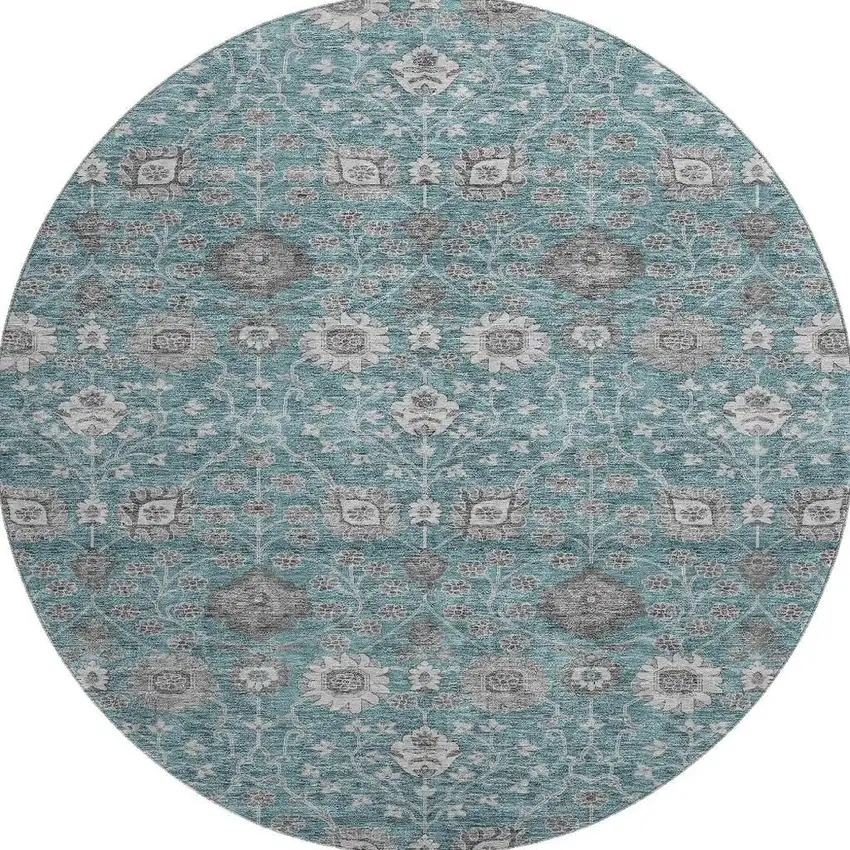 8' Teal Gray And Silver Floral Washable Round Rug With UV Protection Photo 3