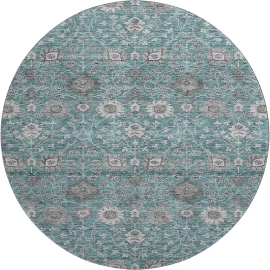 8' Teal Gray And Silver Floral Washable Round Rug With UV Protection Photo 1