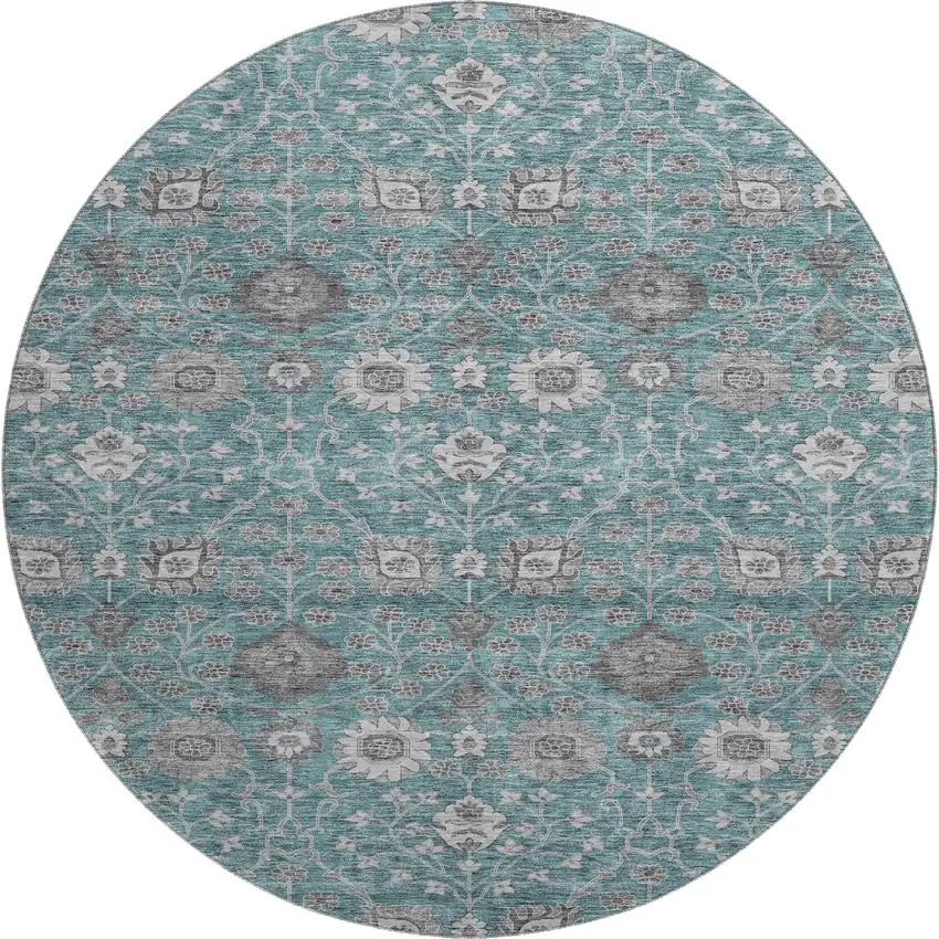 8' Teal Gray And Silver Floral Washable Round Rug With UV Protection Photo 1