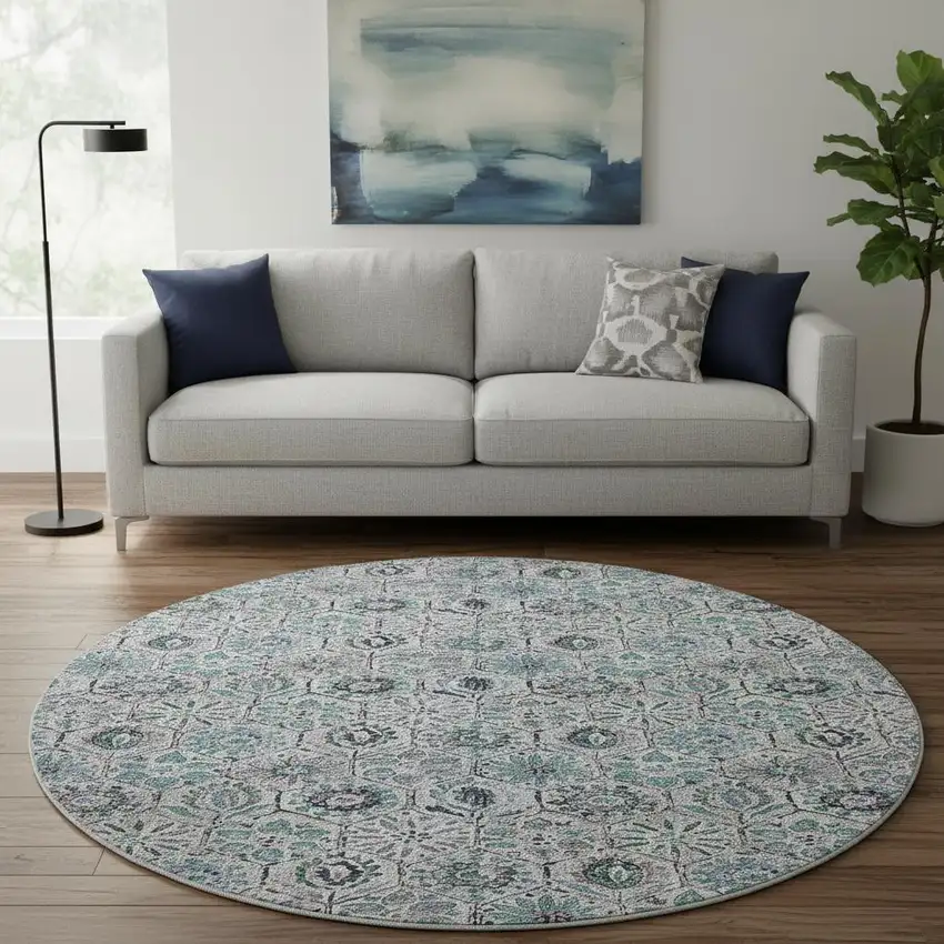 8' Teal Gray And Silver Floral Washable Round Rug With UV Protection Photo 2