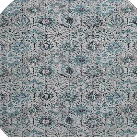 8' Teal Gray And Silver Floral Washable Round Rug With UV Protection Photo 3