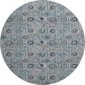 Photo of 8' Teal Gray And Silver Floral Washable Round Rug With UV Protection