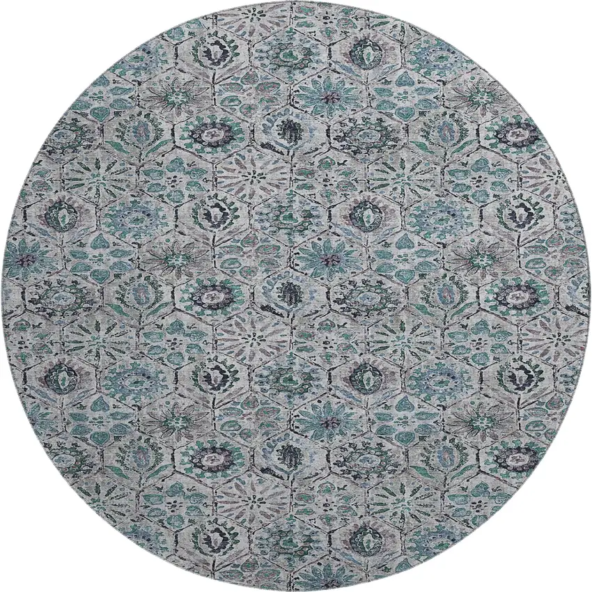 8' Teal Gray And Silver Floral Washable Round Rug With UV Protection Photo 1