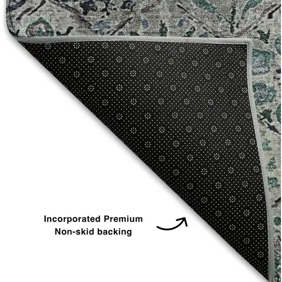 8' Teal Gray And Silver Floral Washable Round Rug With UV Protection Photo 6