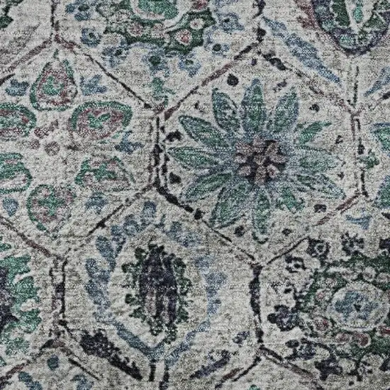 8' Teal Gray And Silver Floral Washable Round Rug With UV Protection Photo 9