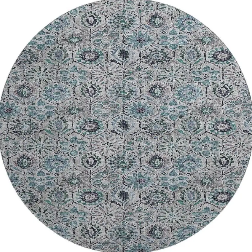 8' Teal Gray And Silver Floral Washable Round Rug With UV Protection Photo 4