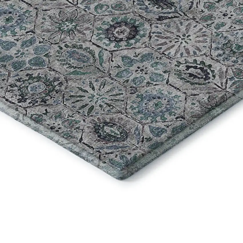 8' Teal Gray And Silver Floral Washable Round Rug With UV Protection Photo 7