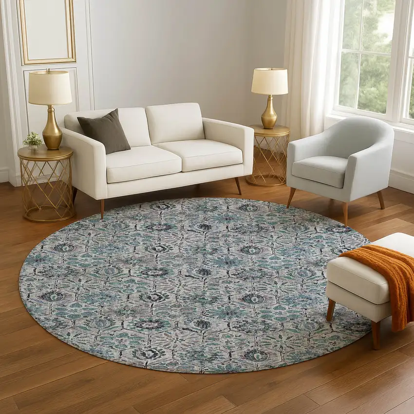 8' Teal Gray And Silver Floral Washable Round Rug With UV Protection Photo 5