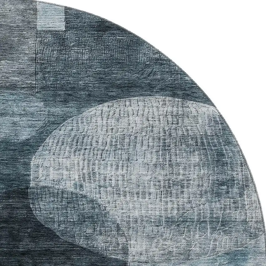 8' Teal Gray And Silver Geometric Washable Round Rug With UV Protection Photo 3