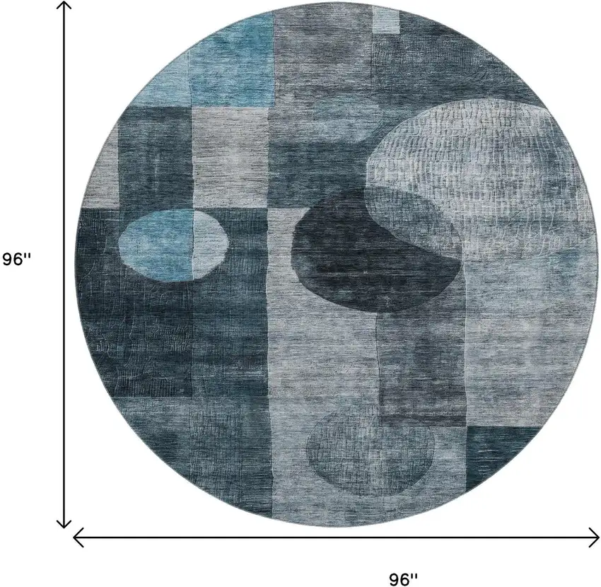 8' Teal Gray And Silver Geometric Washable Round Rug With UV Protection Photo 9