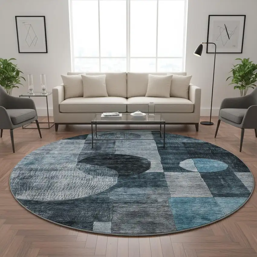 8' Teal Gray And Silver Geometric Washable Round Rug With UV Protection Photo 2