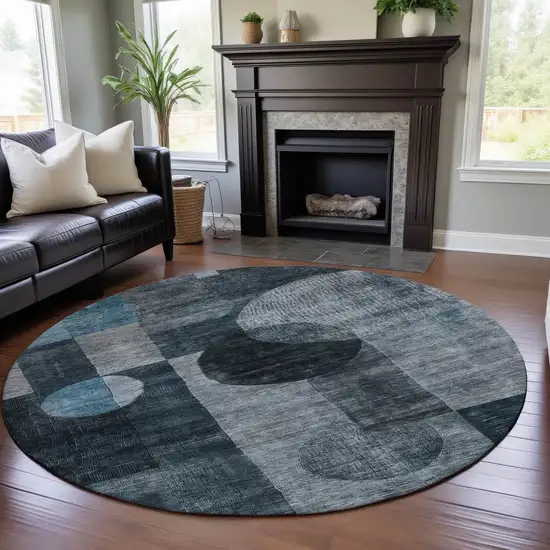 8' Teal Gray And Silver Geometric Washable Round Rug With UV Protection Photo 4